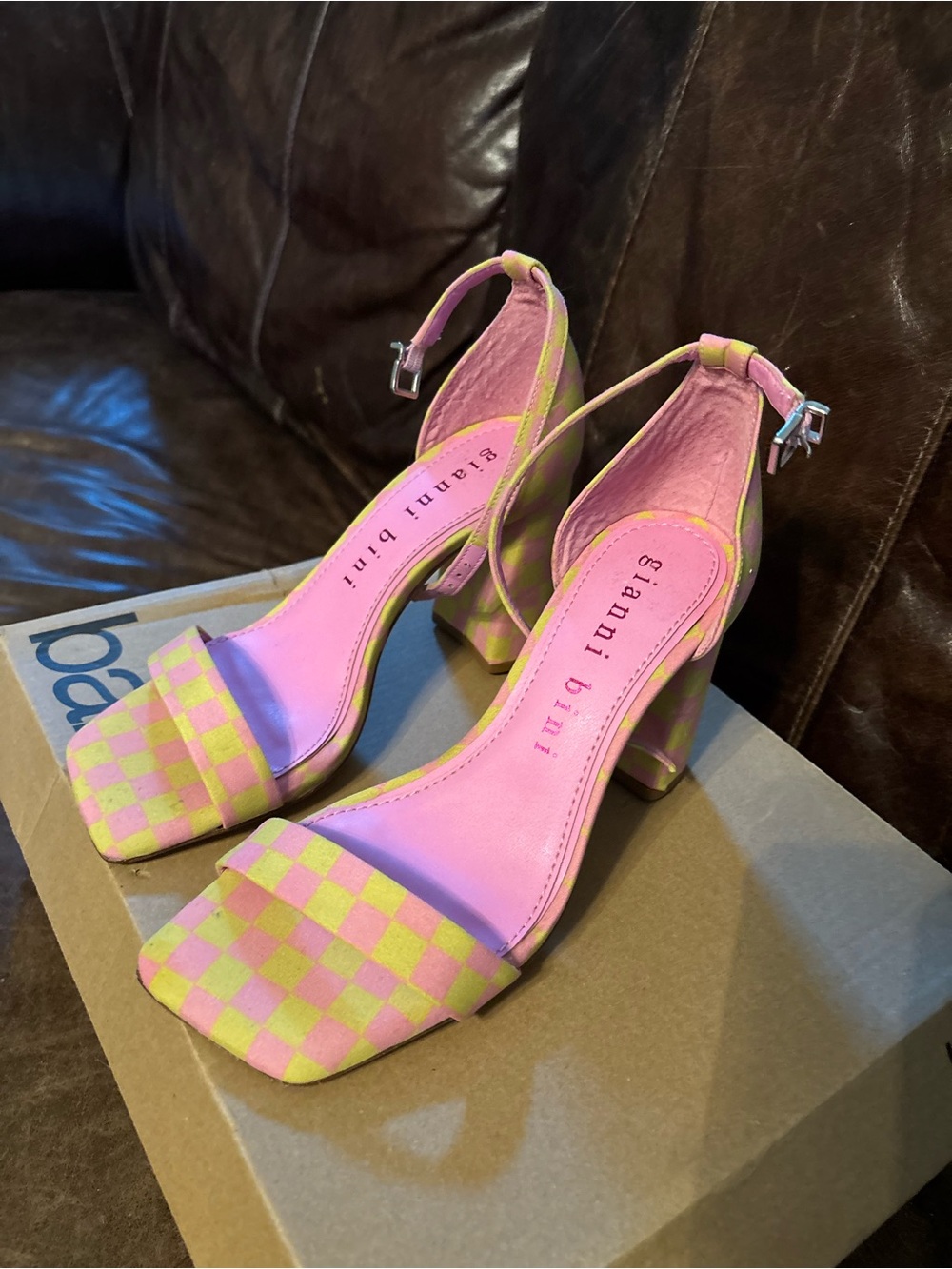 Gianni Bini Pink and Lime Check Block Heel Sandals